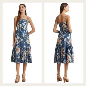 Lauren Ralph Lauren Blue Floral Linen Blend Sleeveless Midi Dress Size 14